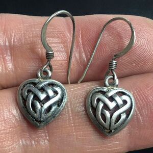 3146 Signed RJ Sterling silver 925 antiqued celtic heart dangle earrings